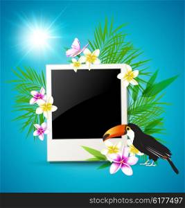 Photo, tropical flowers and toucan on a blue background. Vector illustration.