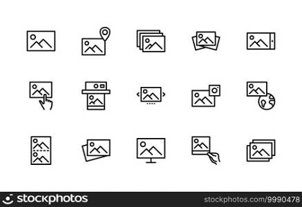 Photo vector linear icons set. Photograph management. Contains such Icons as camera, location, image, edit, print, gallery and more. Isolated collection of photography for websites icon and mobile.