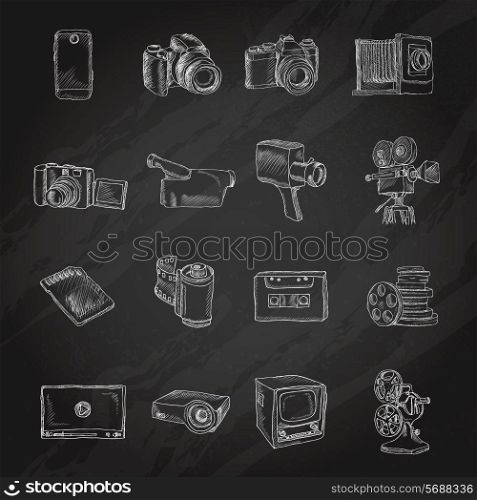 Photo video camera and multimedia entertainment technology chalkboard icons set isolated vector illustration