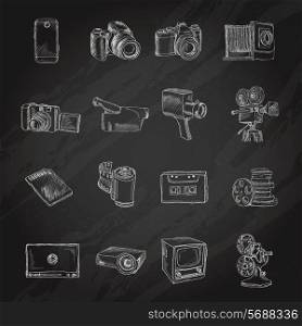 Photo video camera and multimedia entertainment technology chalkboard icons set isolated vector illustration