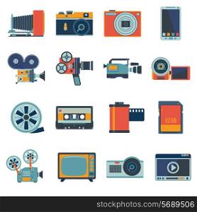 Photo video camera and multimedia equipment flat icons set isolated vector illustration