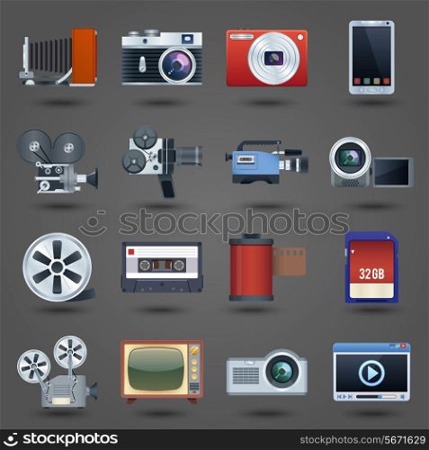 Photo video camera and multimedia equipment set isolated vector illustration