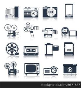 Photo video camera and multimedia professional equipment black icons set isolated vector illustration