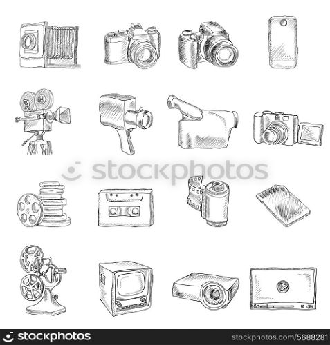 Photo video camera and multimedia professional equipment doodle icons set isolated vector illustration