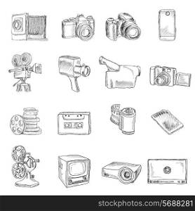 Photo video camera and multimedia professional equipment doodle icons set isolated vector illustration