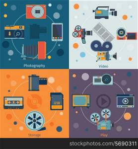 Photo video icons flat set of photography storage play isolated vector illustration
