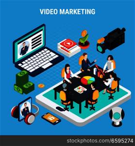 Photo video isometric composition with conceptual images of marketing team meeting on top of tablet screen vector illustration. Video Marketing Isometric Composition