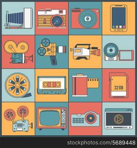 Photo video multimedia devices icons flat line set isolated vector illustration