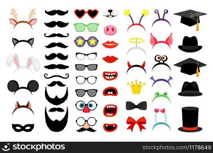 Photobooth party elements. Vector funny face masks and clown nose and glasses, vintage party hats and birthday costume bunny ears isolated on white background. Photobooth party funny elements