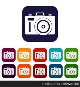 Photocamera icons set vector illustration in flat style in colors red, blue, green, and other. Photocamera icons set