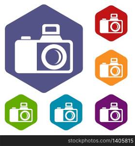 Photocamera icons vector colorful hexahedron set collection isolated on white. Photocamera icons vector hexahedron
