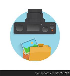 Photograph icon of camera, folder and photo in flat design style