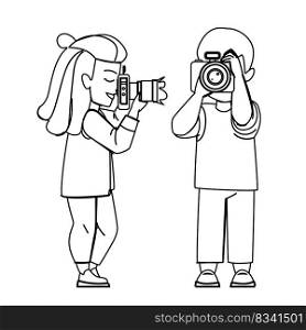 photograph kid line pencil drawing vector. camera photo, child photography, photograph picture, happy boy girl, children expression photograph kid character. people Illustration. photograph kid vector