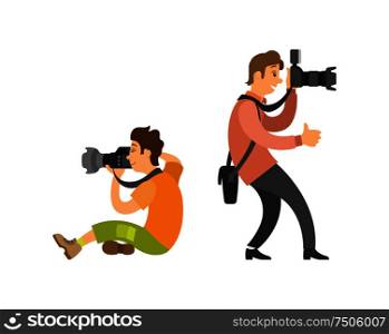 Photograph reporter at work, photographer and paparazzi, modern cameras with flash. Man taking photos, journalist vector illustrations isolated on white. Photographing People Set, Photographer Paparazzi