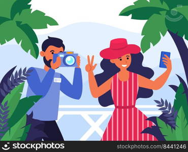 Photograph taking photo of young woman in hat. Lady standing on balcony and taking selfie flat vector illustration. Photography and vacation concept for banner, website design or landing web page