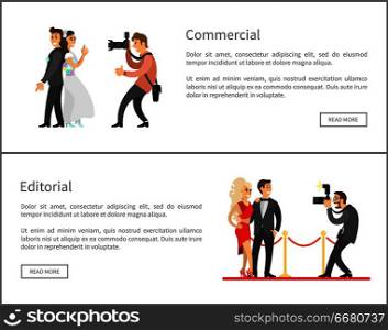 Photographer and paparazzi online banners set. Wedding photo, bride next to groom, celebrities couple on red carpet cartoon vector illustrations.. Photographer and Paparazzi Online Banners Set