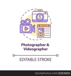 Photographer and videographer concept icon. Digital marketing professions abstract idea thin line illustration. Isolated outline drawing. Editable stroke. Roboto-Medium, Myriad Pro-Bold fonts used. Photographer and videographer concept icon