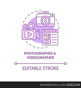 Photographer and videographer purple concept icon. Digital marketing abstract idea thin line illustration. Isolated outline drawing. Editable stroke. Roboto-Medium, Myriad Pro-Bold fonts used. Photographer and videographer purple concept icon