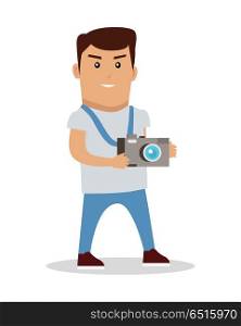 Photographer Character Vector Illustration.. Photographer character vector. Flat design. Summer vacation travel concept. Profession, hobby, taking picture, tourism illustration for ad, icons. Man with photo camera standing on white background.