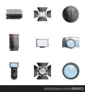 Photographer equipment icon set. Cartoon set of 9 photographer equipment vector icons for web design isolated on white background. Photographer equipment icon set, cartoon style