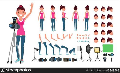 Photographer Female Vector. Animated Woman Creation Set. Full Length, Front, Side, Back View. Isolated Flat Cartoon Illustration. Photographer Woman Vector. Taking Pictures. Animated Female Character Set. Full Length. Accessories, Poses, Face Emotions, Gestures. Isolated Flat Cartoon Illustration