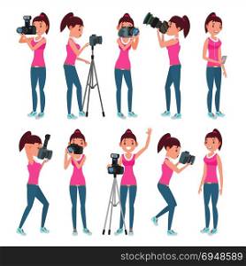Photographer Female Vector. Modern Camera. Posing. Girl Full Length Taking Photos. Photojournalist, Tourist Design. Flat Cartoon Illustration. Photographer Woman Vector. hotographer Making Photos. Digital Camera And Professional Photo Equipment. Girl Taking Pictures. Isolated On White Cartoon Character Illustration