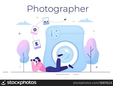 Photographer Flat Design Background with Camera, Digital Film Equipment Technology and Picture Person in Cartoon Style Vector Illustration