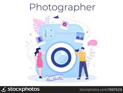 Photographer Flat Design Background with Camera, Digital Film Equipment Technology and Picture Person in Cartoon Style Vector Illustration