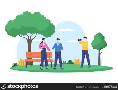 Photographer Flat Design with Professional Camera Photographing Couple in Park. Cartoon Style Vector Illustration
