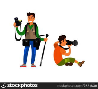 Photographer freelancer men taking pictures, vector characters, flashlight shooting equipment. Paparazzi journalist making photos on professional cameras.. Photographer Freelancer Men Taking Pictures Vector