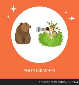 Photographer hiding in bushes taking photo of wild bear on professional camera. Journalist shooting wildlife animal vector illustration isolated in circle. Photographer Hiding in Bushes Taking Photo of Bear