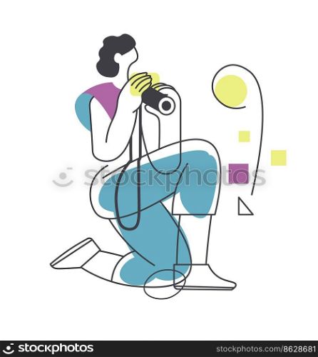 Photographer hobby of woman taking photo on professional camera. Female character shooting, lady developing skills or working on project. Specialist photographing. Vector in flat style illustration. Woman taking photos, shooting hobbies of lady