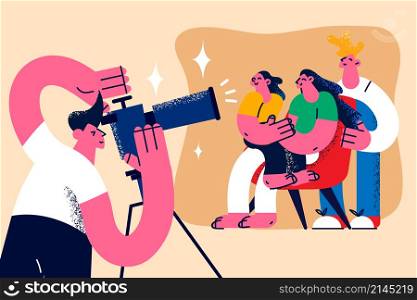 Photographer make picture of happy young family with child. Camera man shoot on cam smiling Caucasian parents with kid. Overjoyed relatives photoshoot. Flat vector illustration. . Photographer make photo of happy family with kid