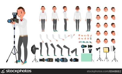 Photographer Male Vector. Animated Man Creation Set. Full Length, Front, Side, Back View. Isolated Flat Cartoon Illustration. Photographer Man Vector. Taking Pictures. Animated Character Set. Full Length. Accessories, Poses, Face Emotions, Gestures. Isolated Flat Cartoon Illustration