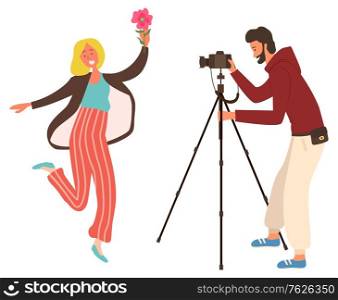Photographer man shooting model female with flower. People in photo studio, man and woman photographing and posing, paparazzi equipment, hobby vector. Flat cartoon. Photo Studio, Woman with Flower, Camera Vector