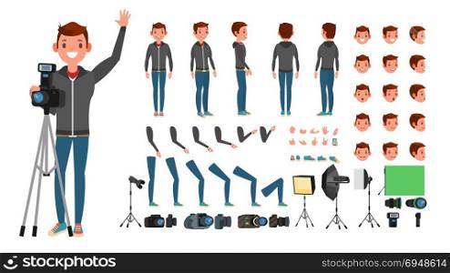 Photographer Man Vector. Taking Pictures. Animated Character Set. Full Length. Accessories, Poses, Face Emotions, Gestures. Isolated Flat Cartoon Illustration. Photographer Male Vector. Animated Man Creation Set. Full Length, Front, Side, Back View. Isolated Flat Cartoon Illustration