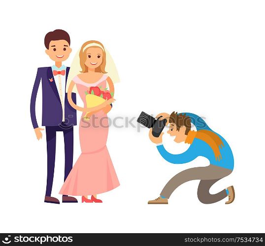 Photographer or videographer taking photo reportage of engagement ceremony. Happy couple on wedding, bride and groom and cameraman vector isolated. Happy Couple Wedding Bride Groom Photograph Vector