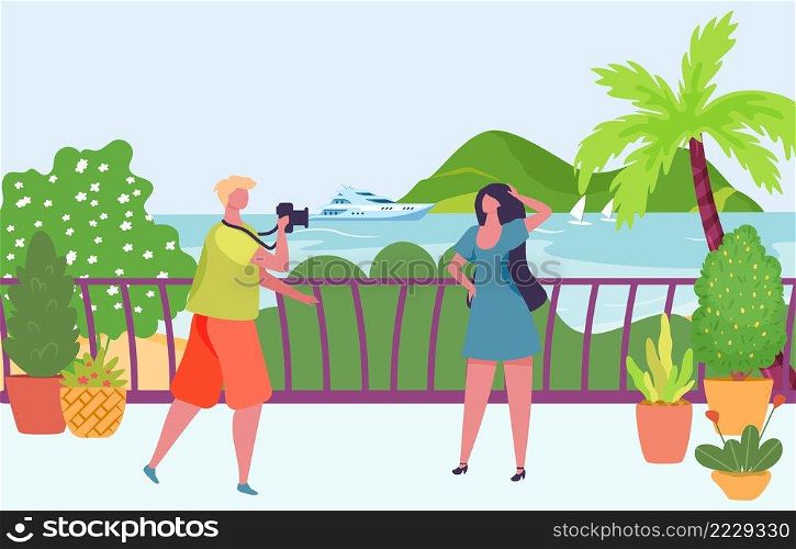 Photographer photographing model. Man taking photo of girl posing near sea. Cartoon woman having rest on seaside. Person on tropical vacation standing in front of palm tree, yacht vector. Photographer photographing model. Man taking photo of girl posing near sea. Cartoon woman having rest on seaside