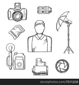 Photographer profession icons in sketch style with elegant man and memory card, camera film roll, lens, shutter, digital and retro cameras, lighting umbrella on tripod. Vector sketched icons. Photographer with equipment and items sketches
