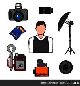 Photographer profession icons with elegant man and memory card, camera film roll and lens, shutter, modern digital and retro cameras, lighting umbrella on tripod. Photographer, equipment and items icons
