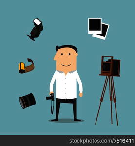 Photographer profession icons with man surrounded by digital camera and lens, tripod and camera film, instant films, flash and retro camera. Photographer and photography devices