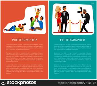 Photographer professional taking pictures of young family parents and kid, photographing celebrities. Studio paparazzi in work cartoon vector posters text. Photographer Professional Taking Pictures of Family