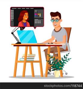 Photographer Retouching Photo Vector. Man Working With Graphic Software. Freelance Concept. Illustration. Photographer Retouching Photo Vector. Man Working With Graphic Software. Freelance Concept. Isolated Illustration