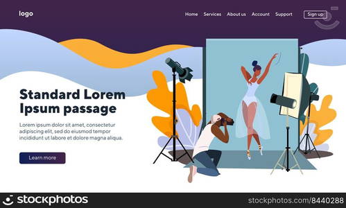 Photographer shooting ballerina. Man taking photos of dancing model flat vector illustration. Photoshoot and modeling concept for banner, website design or landing web page 