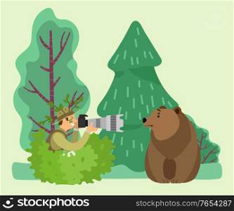 Photographer sitting in shrub with camera in hand in forest. Man shooting, photographing wild animal, brown bear. Wood landscape with spruces and trees on background. Vector illustration in flat style. Photographer Shooting Wild Animal, Bear in Forest