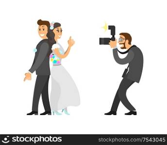 Photographer taking photo of newlywed with digital camera that has flashlight. Groom and bride posing for photography vector illustration isolated.. Photographer Taking Photo of Newlywed with Camera