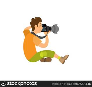 Photographer taking photo with modern digital camera sitting on floor. Videographer recording video, powerful zoom device vector paparazzi or reporter. Photographer Taking Photo on Modern Digital Camera