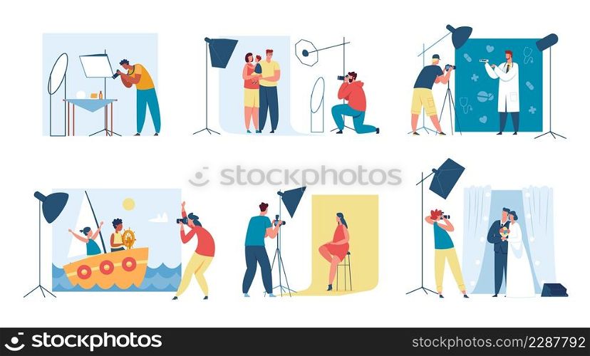 Photographer taking photos of model, family and kids photoshoot. Professional photographers in photo studio with lighting equipment vector set. Illustration of professional photographer with camera. Photographer taking photos of model, family and kids photoshoot. Professional photographers in photo studio with lighting equipment vector set