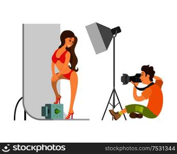 Photographer taking picture of model in swimsuit at photo studio. Man sitting and holding camera woman wearing red underwear vector illustration.. Model in Swimsuit and Photographer at Photo Studio