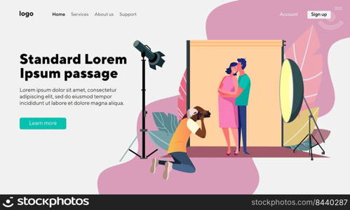 Photographer taking pictures of pregnant couple. Backdrop, l&, studio flat vector illustrations. Photoshoot, pregnancy, photography concept for banner, website design or landing web page